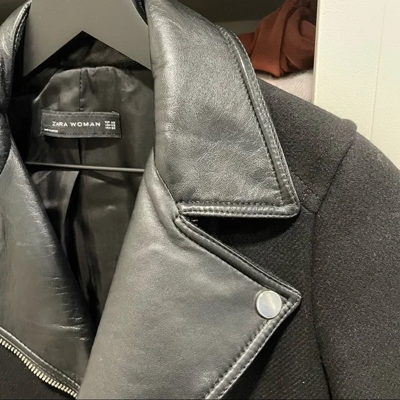 Zara Wool Blend Moto Lamb Leather Collar Coat